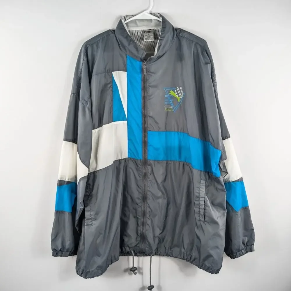 Puma XL Vintage Windbreaker Jacket Gray Blue Nylon Mesh Lined Full Zip Track